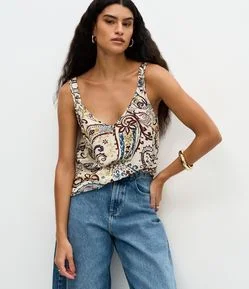 Blusa Feminina Sem Manga Paisley com Decote V