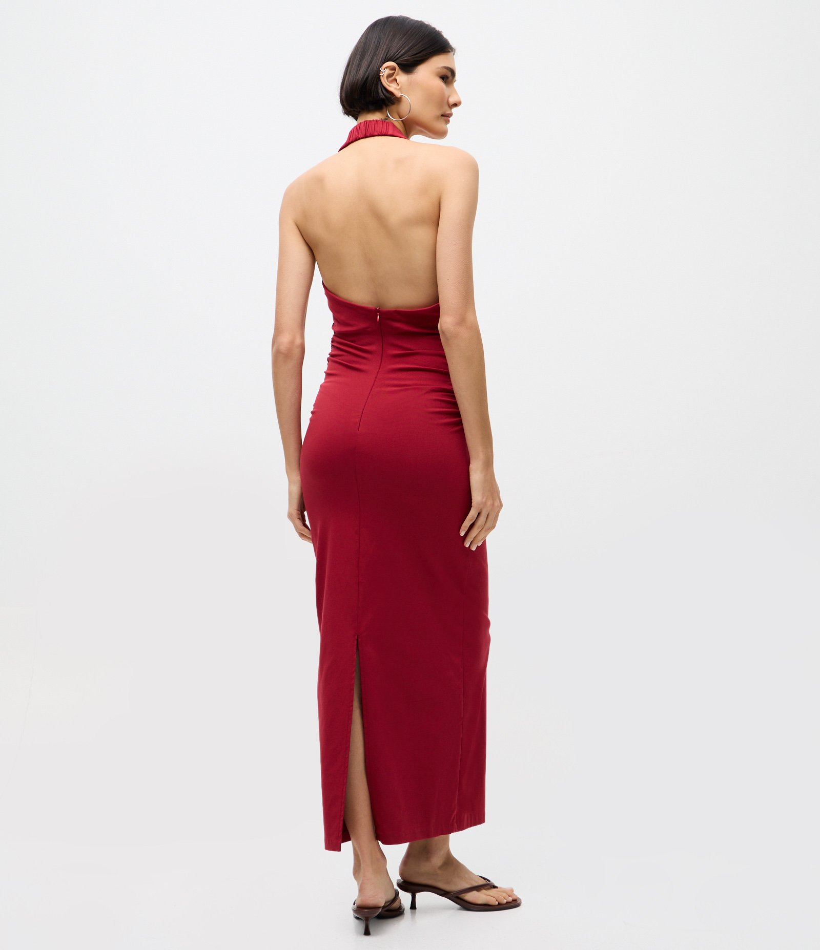 Vestido Midi Frente Única com Decote V Vermelho 4