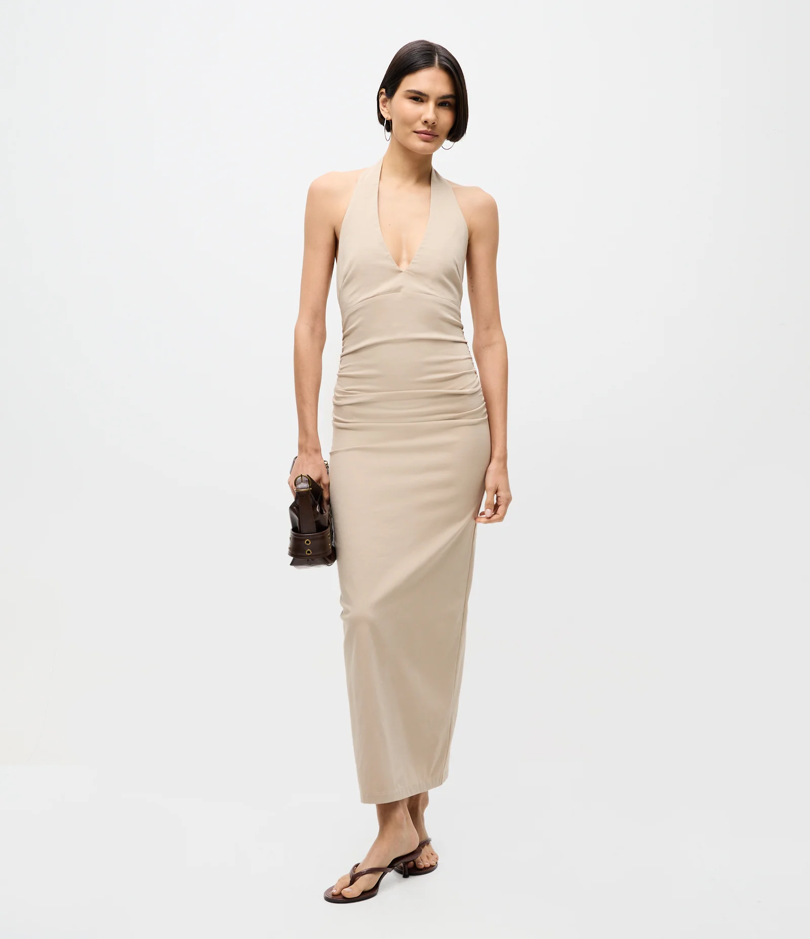 Vestido Midi Frente Única com Decote V Bege 1