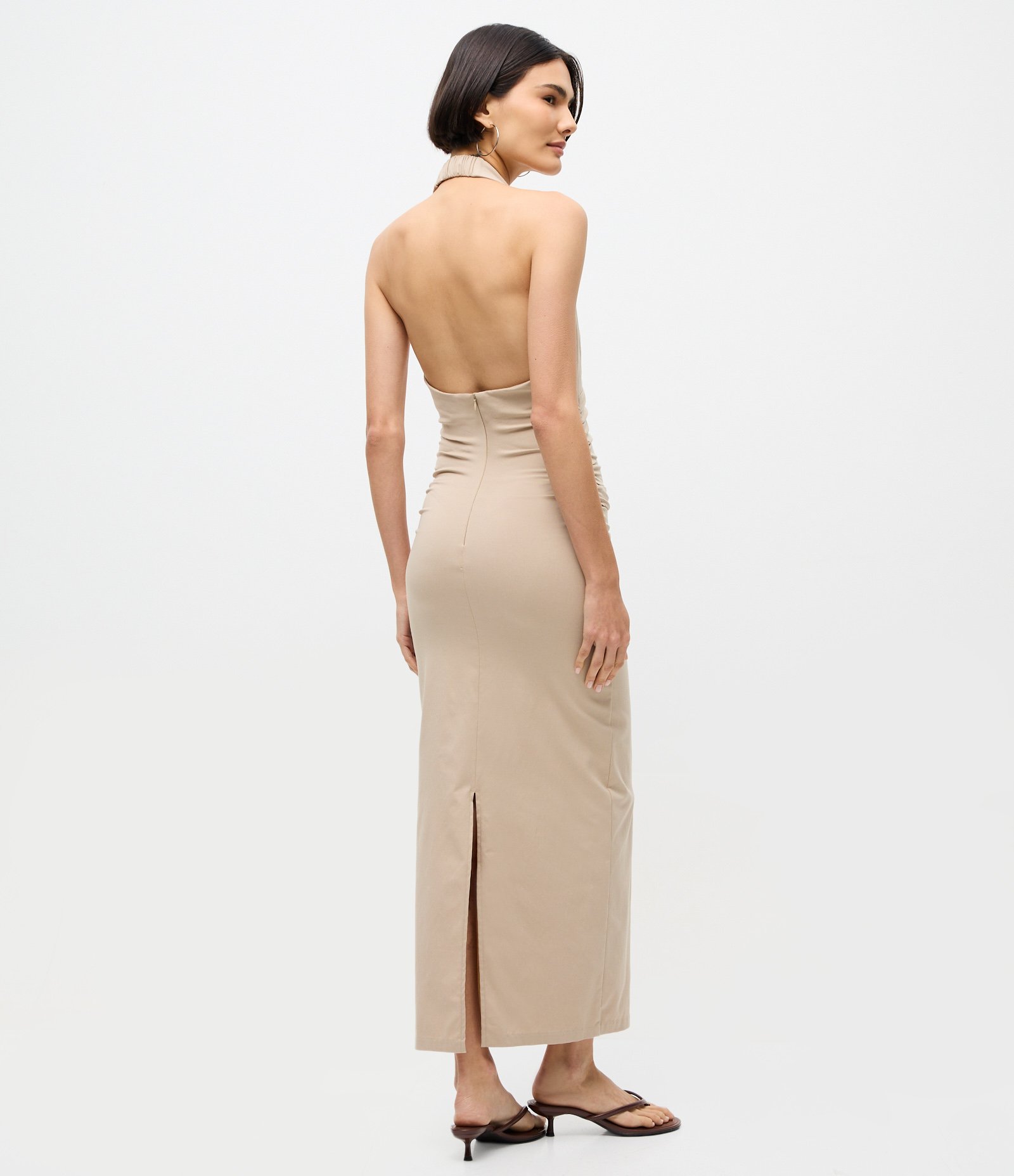 Vestido Midi Frente Única com Decote V Bege 4