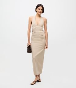 Vestido Midi Frente Única com Decote V