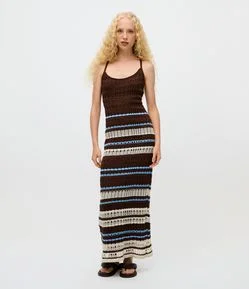 Vestido Long Midi em Tricô com Estampa de Listras Texturizadas