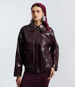 Jaqueta Bomber em PU Com Bolsos Frontais
