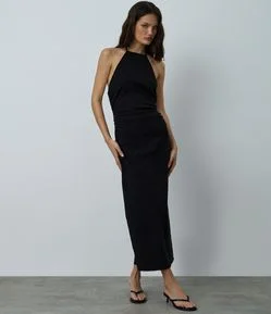 Vestido New Midi Frente Única em Bengaline com Pedrarias e Amarração nas Costas