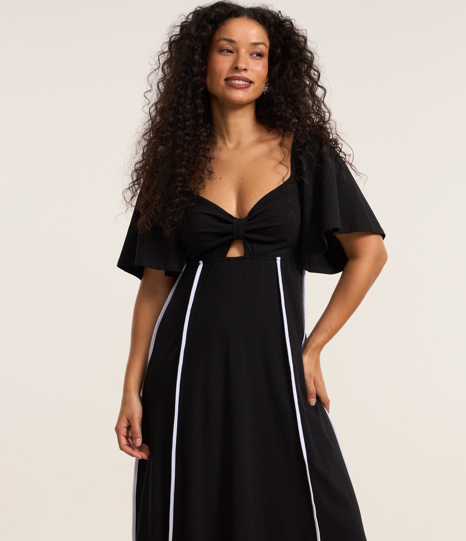 Vestido Evasê Long Midi em Algodão com Decote Laço Preto 2