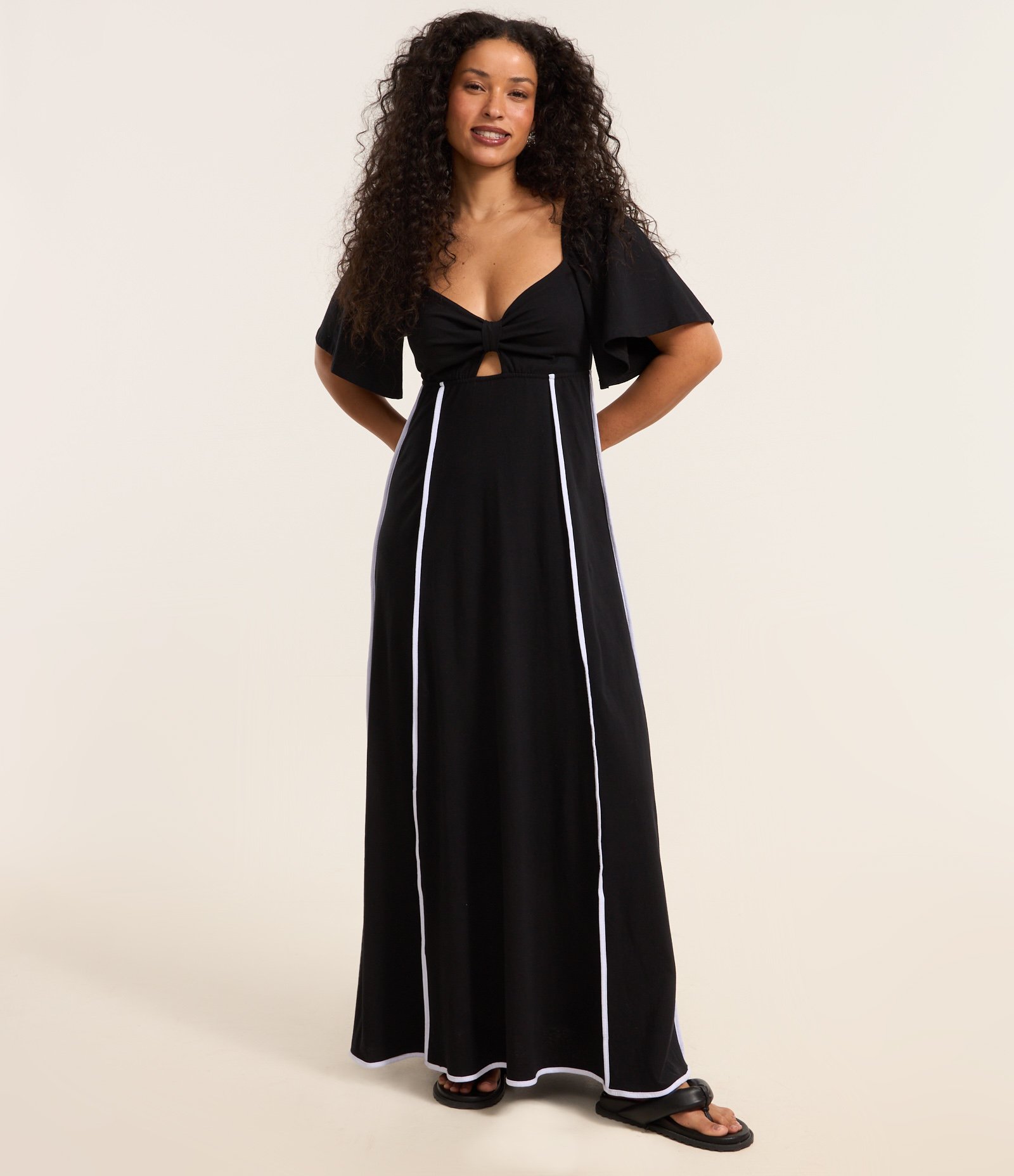 Vestido Evasê Long Midi em Algodão com Decote Laço Preto 3