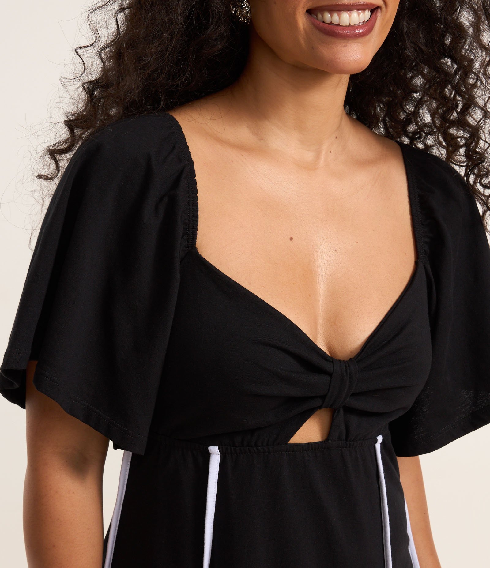 Vestido Evasê Long Midi em Algodão com Decote Laço Preto 4