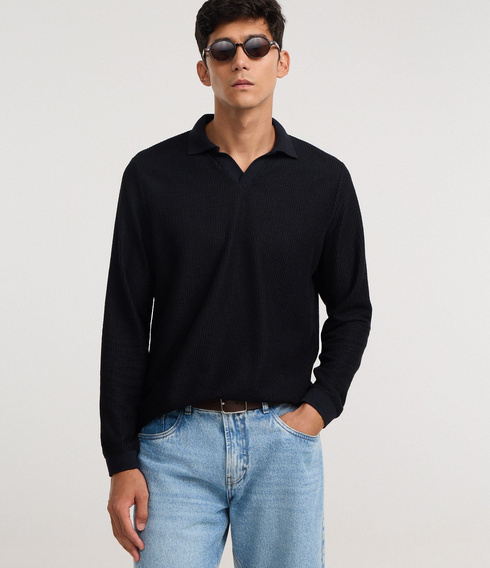 Camiseta Polo Manga Longa em Algodão Texturizado Preto 1