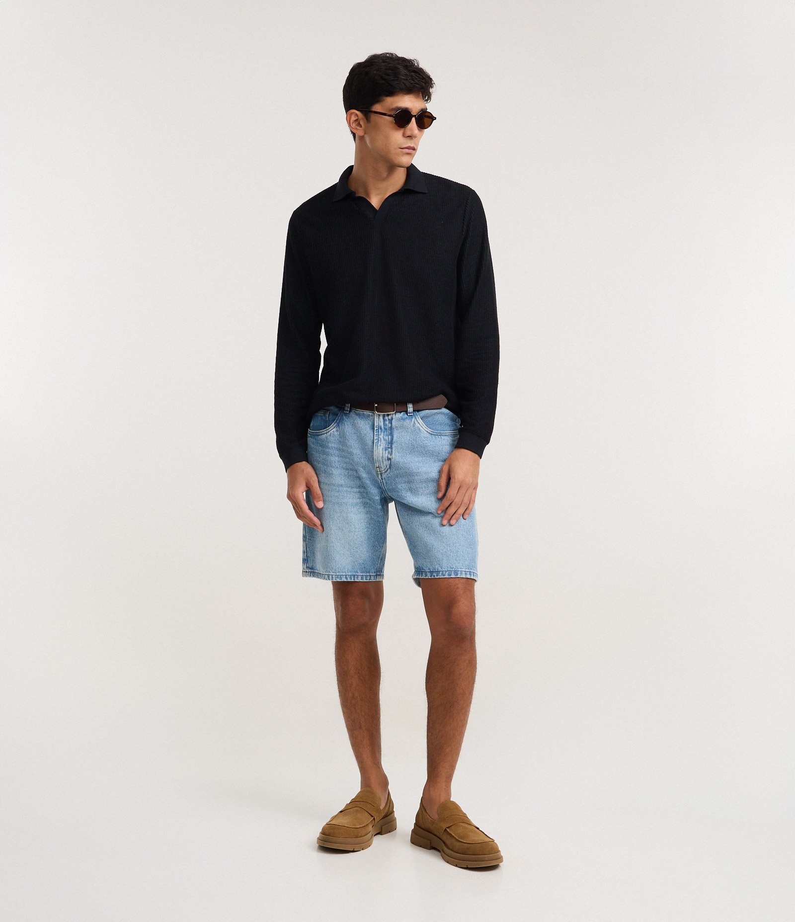 Camiseta Polo Manga Longa em Algodão Texturizado Preto 2