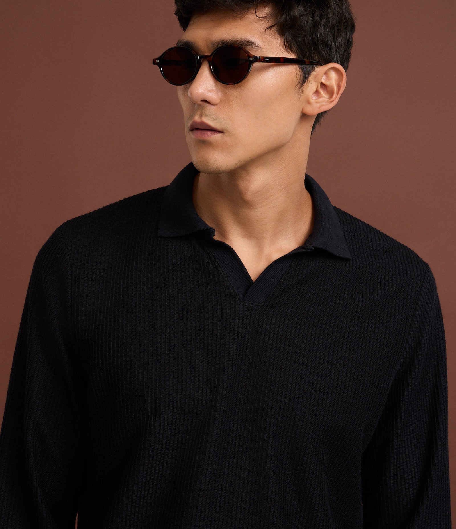 Camiseta Polo Manga Longa em Algodão Texturizado Preto 4