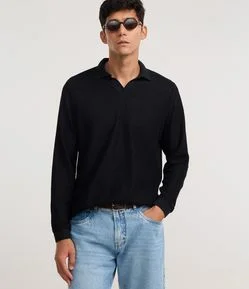 Camiseta Polo Manga Longa em Algodão Texturizado