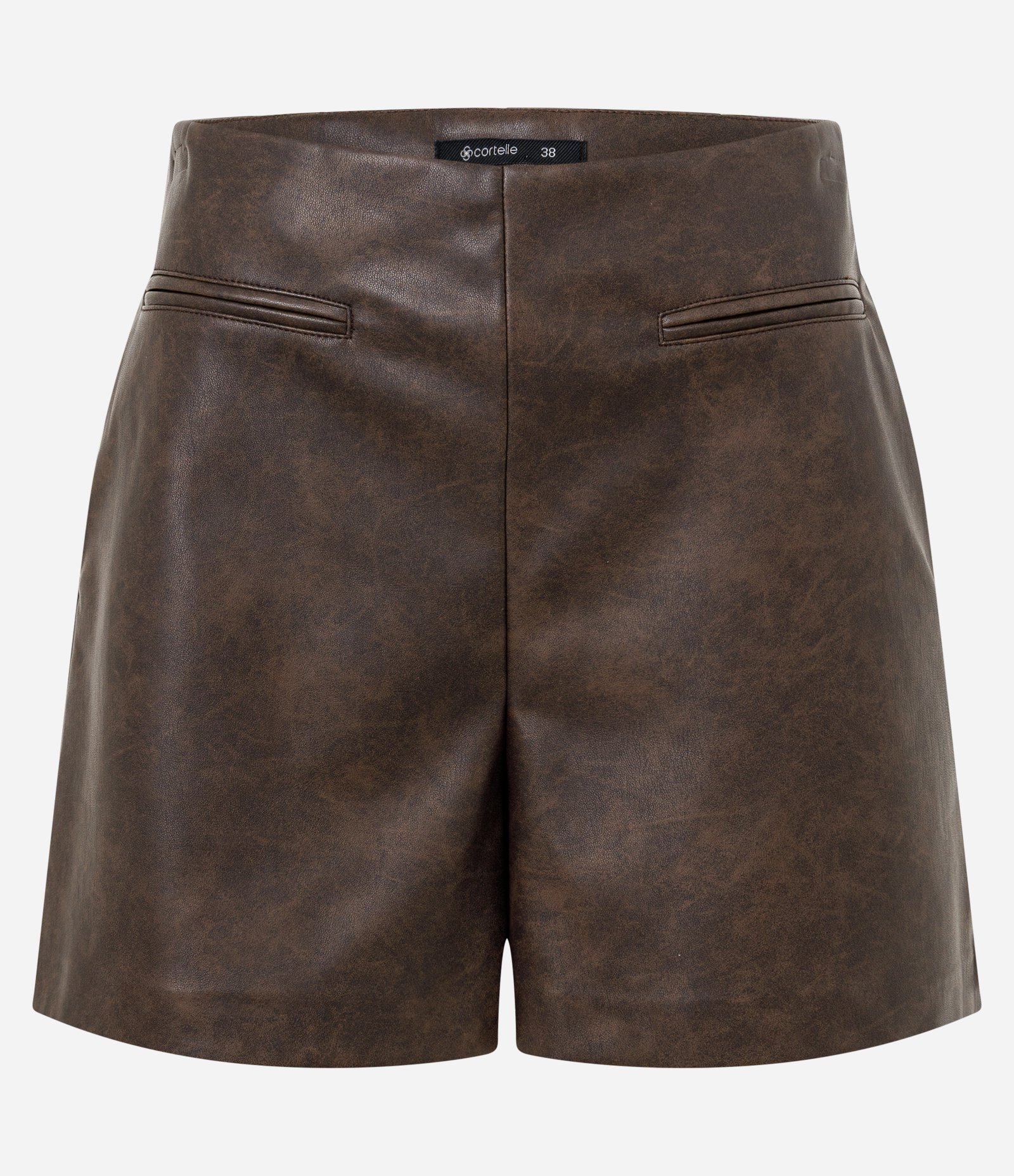 Short Curto em PU com Bolsos Fakes Marrom 1
