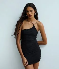 Vestido Curto Drapeado em Malha com Ombro Único