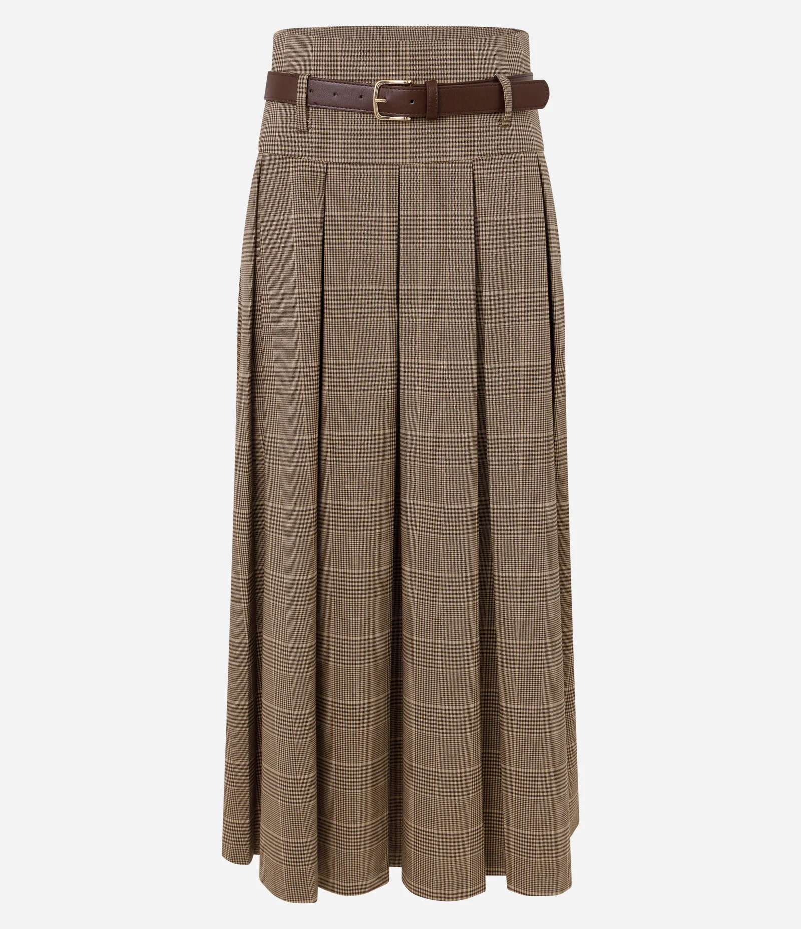 Saia Midi Xadrez Alfaiatada com Cinto e Pregas Marcadas Marrom 6