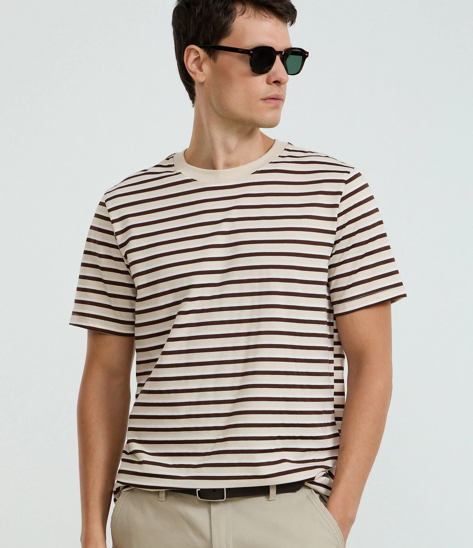 Camiseta Regular em Algodão com Listras em Fio Tinto Marrom 1
