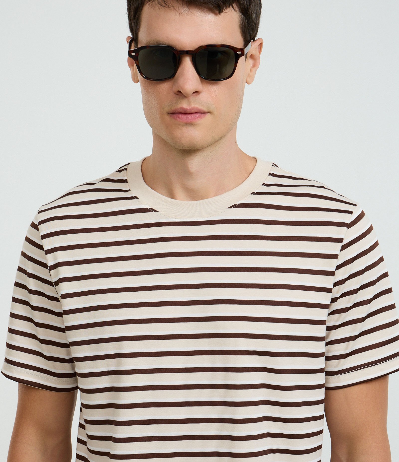 Camiseta Regular em Algodão com Listras em Fio Tinto Marrom 4