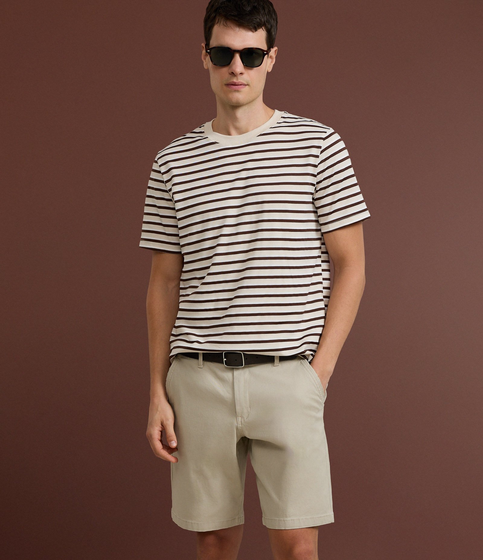 Camiseta Regular em Algodão com Listras em Fio Tinto Marrom 5