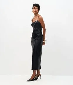 Vestido Midi em PU com Decote Quadrado e Fenda Traseira