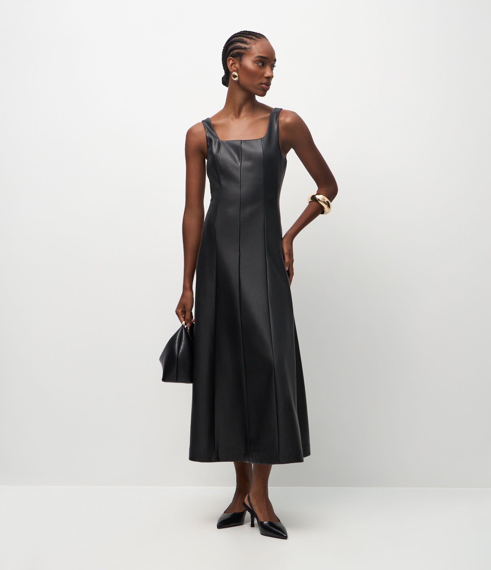 Vestido Midi em PU com Decote Quadrado Preto 1