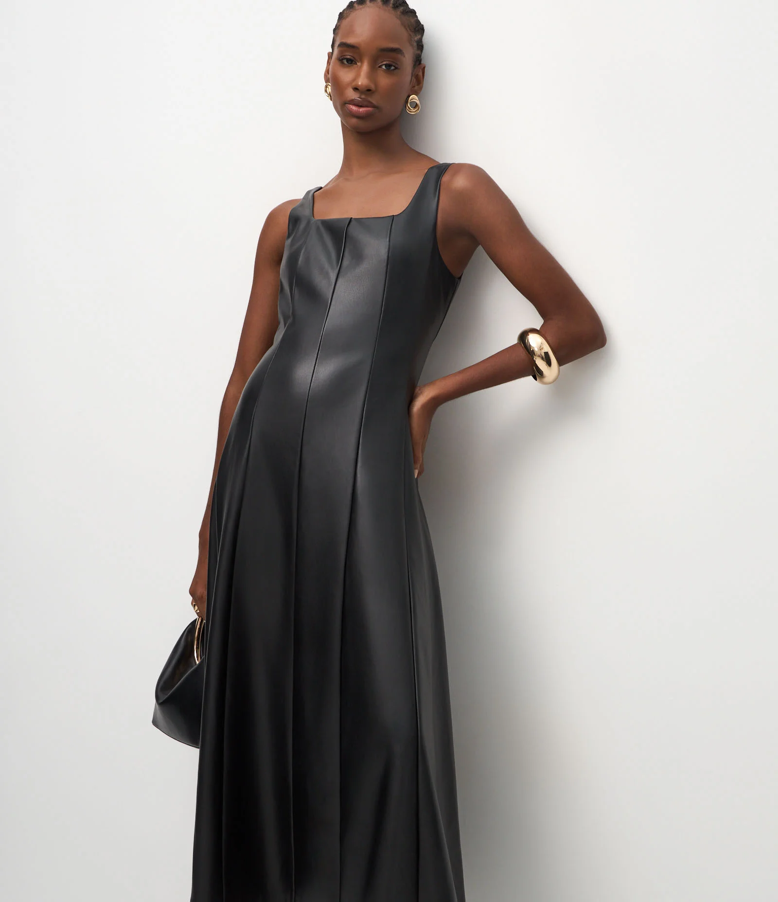 Vestido Midi em PU com Decote Quadrado Preto 2