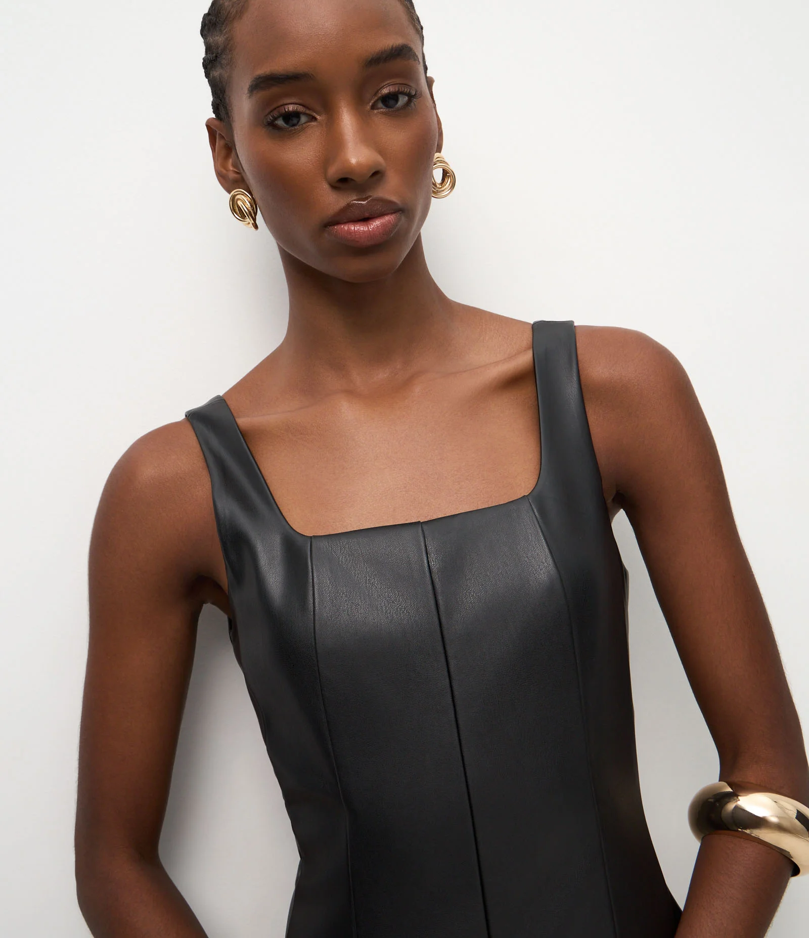 Vestido Midi em PU com Decote Quadrado Preto 3