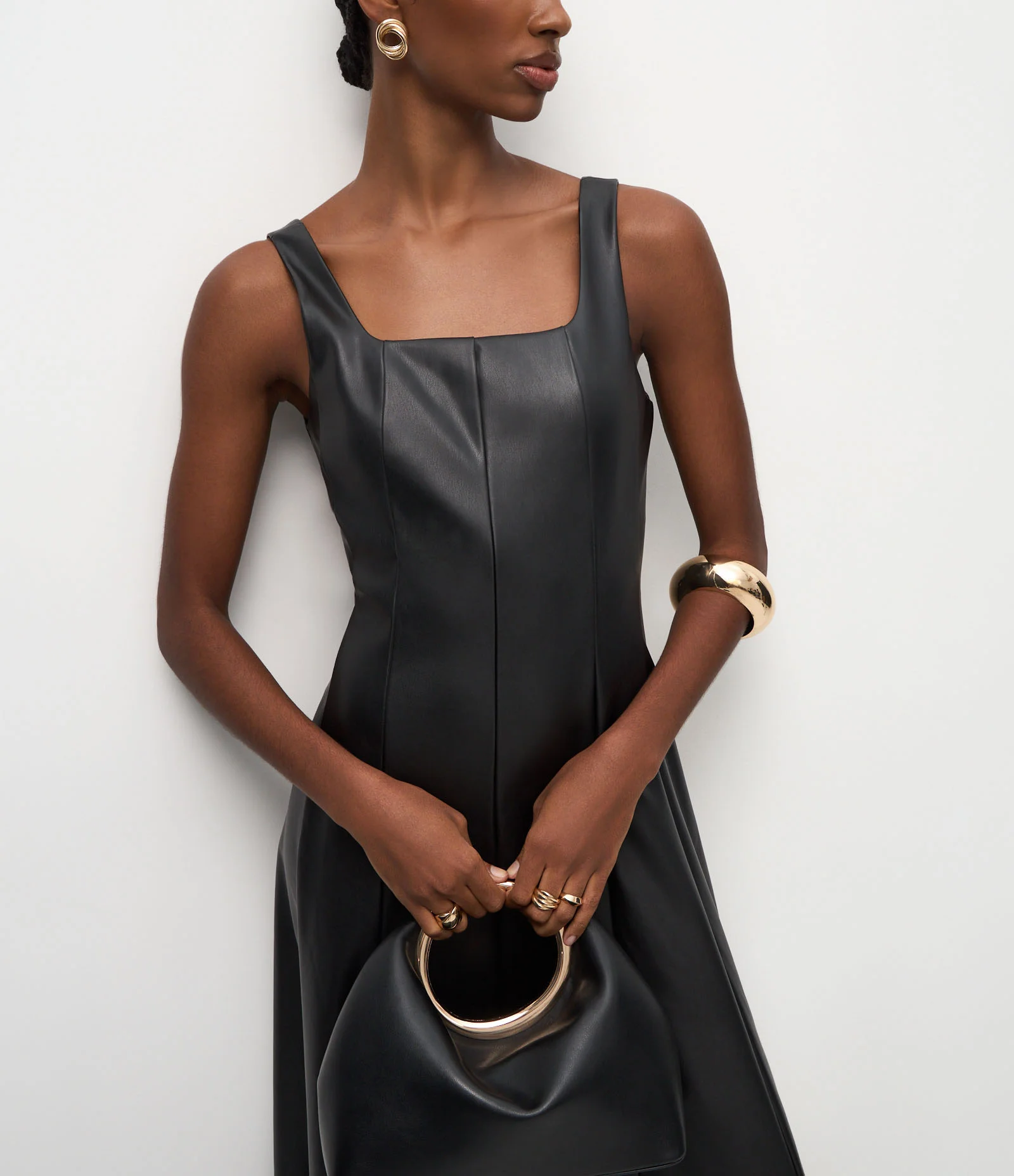 Vestido Midi em PU com Decote Quadrado Preto 4