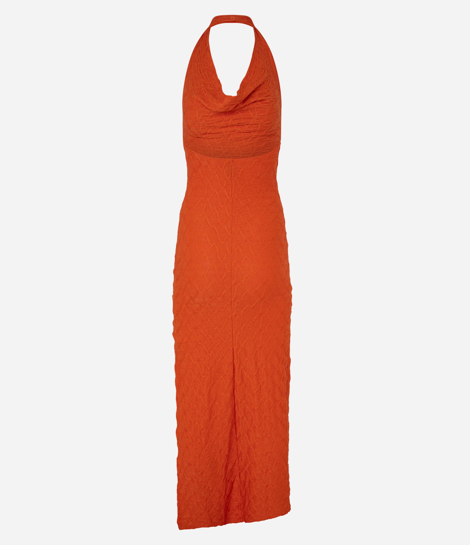 Vestido Frente Única com Decote Halter e Franzido Lateral Laranja Escuro 3