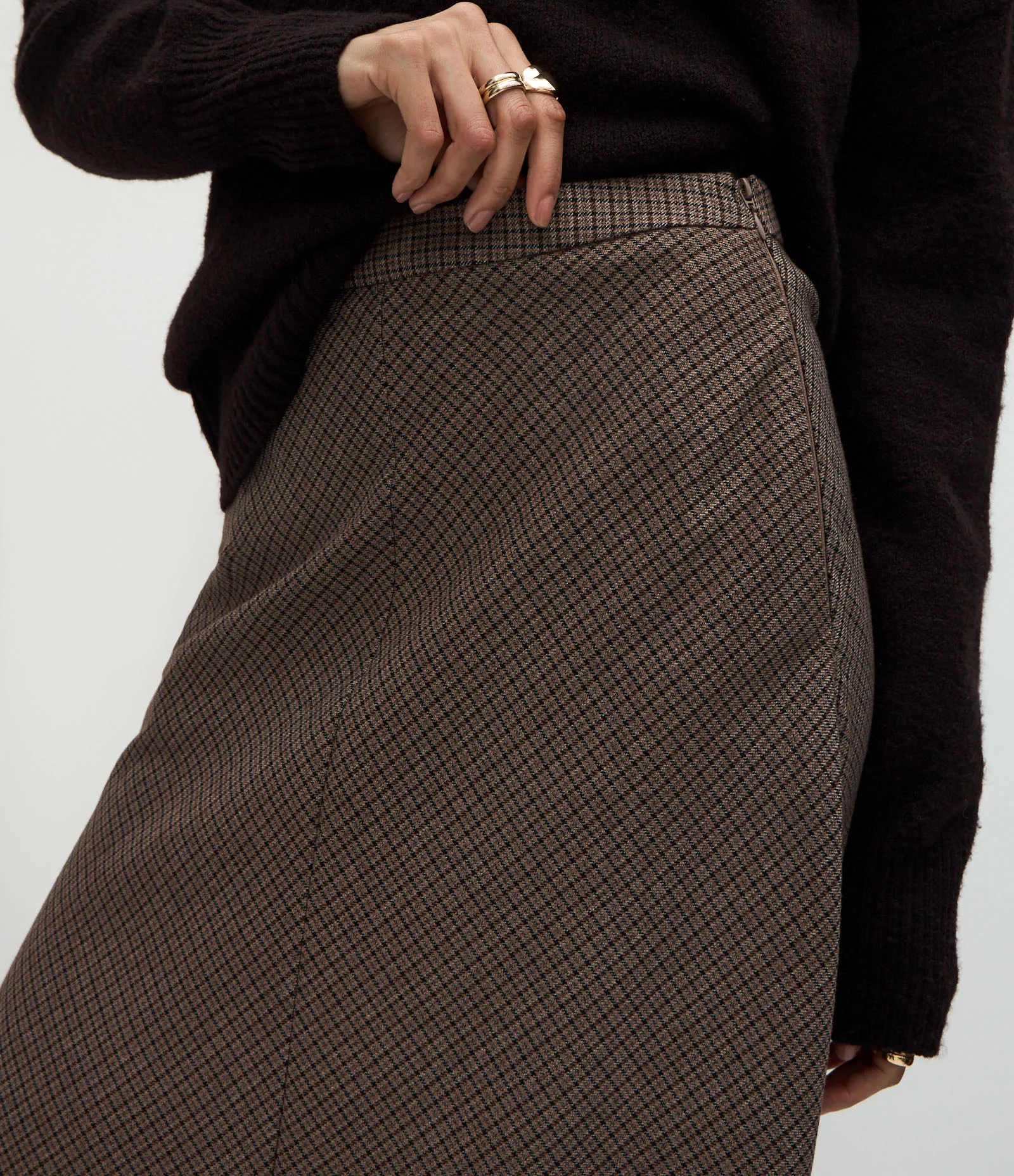 Saia Midi Alfaiataria Xadrez com Cós Liso Marrom 2