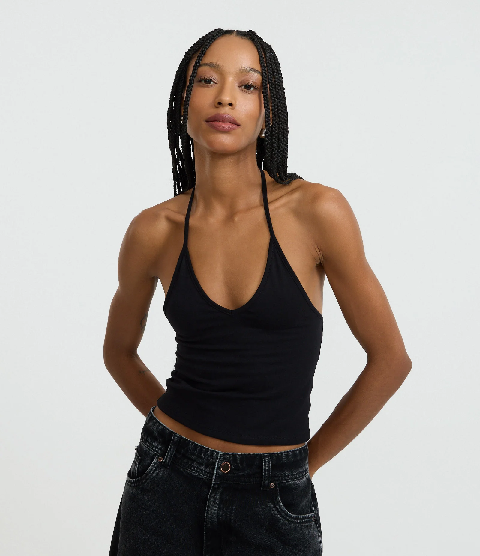 Blusa Cropped Frente Única em Cotton com Amarração Preto 1