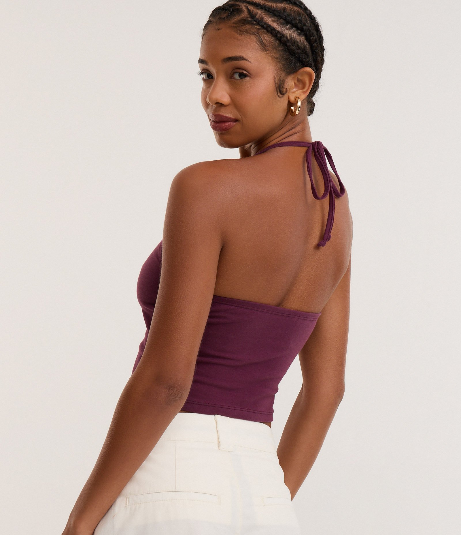 Blusa Cropped Frente Única em Cotton com Amarração Roxo 3