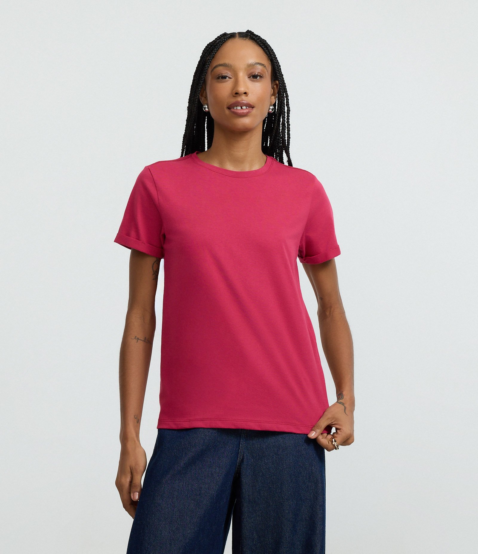 Camiseta Regular em Algodão com Manga Dobrada Vermelho 1