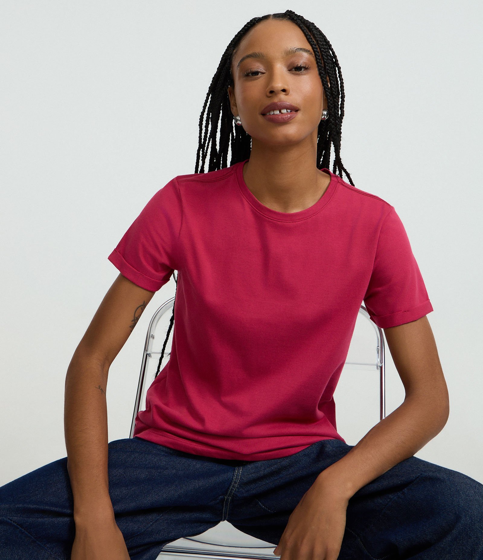 Camiseta Regular em Algodão com Manga Dobrada Vermelho 3