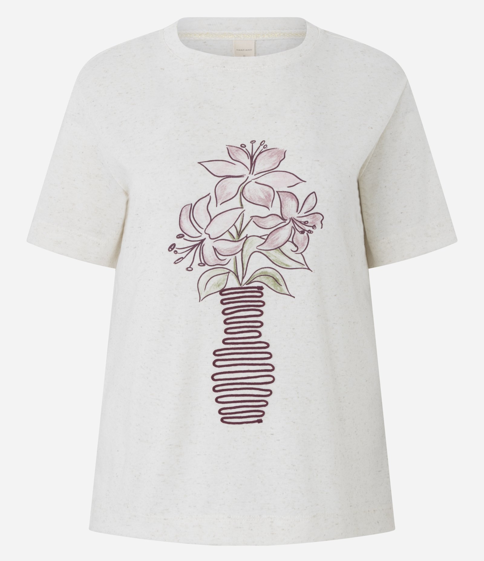 Camiseta Slim em Algodão com Estampa Bordada Vaso de Flores Branco 1