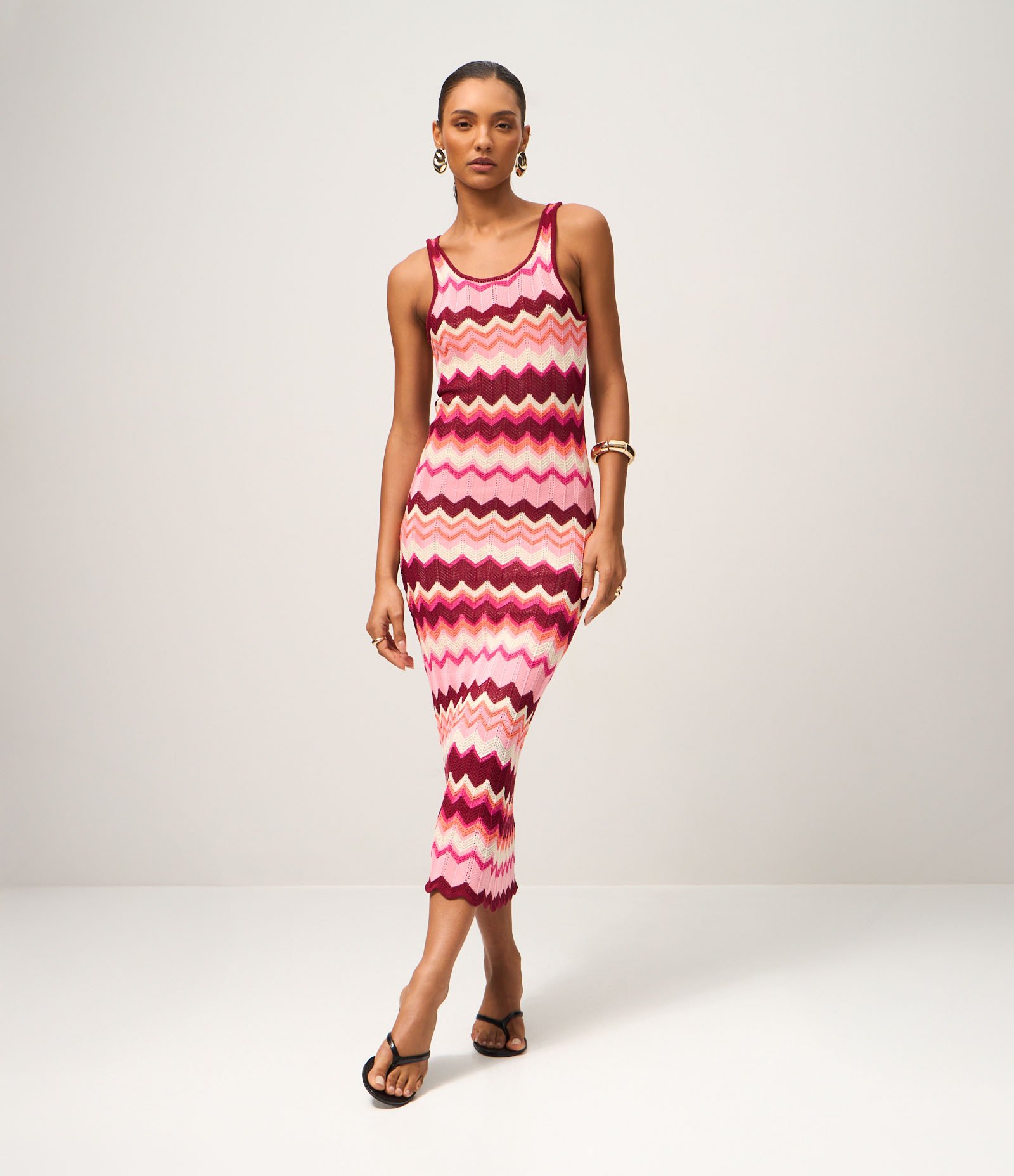 Vestido Long Midi em Tricô com Listras Zigue e Zague de Jacquard Multicores 1