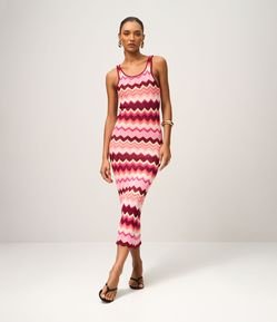 Vestido Long Midi em Tricô com Listras Zigue e Zague de Jacquard
