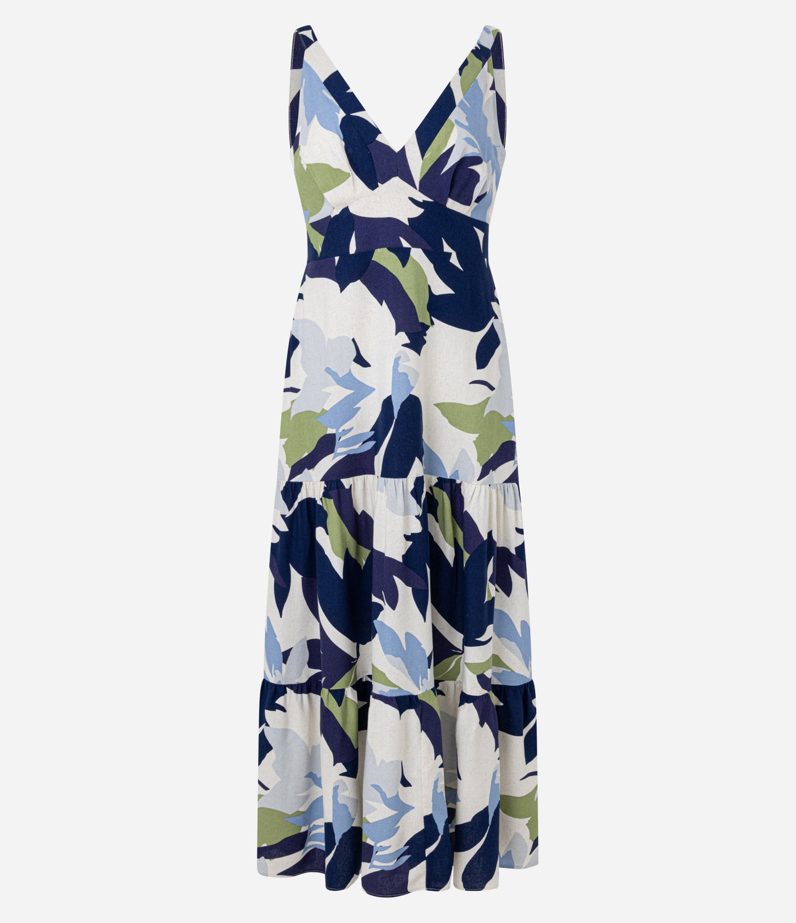Vestido Midi em Viscolinho com Decote V e Estampa Folhagem Multicores 1
