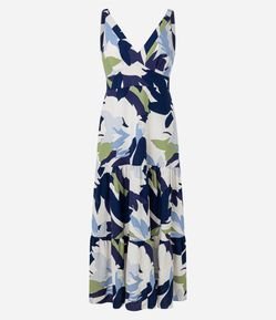 Vestido Midi em Viscolinho com Decote V e Estampa Folhagem
