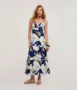 Vestido Midi em Viscolinho com Decote V e Estampa Folhagem