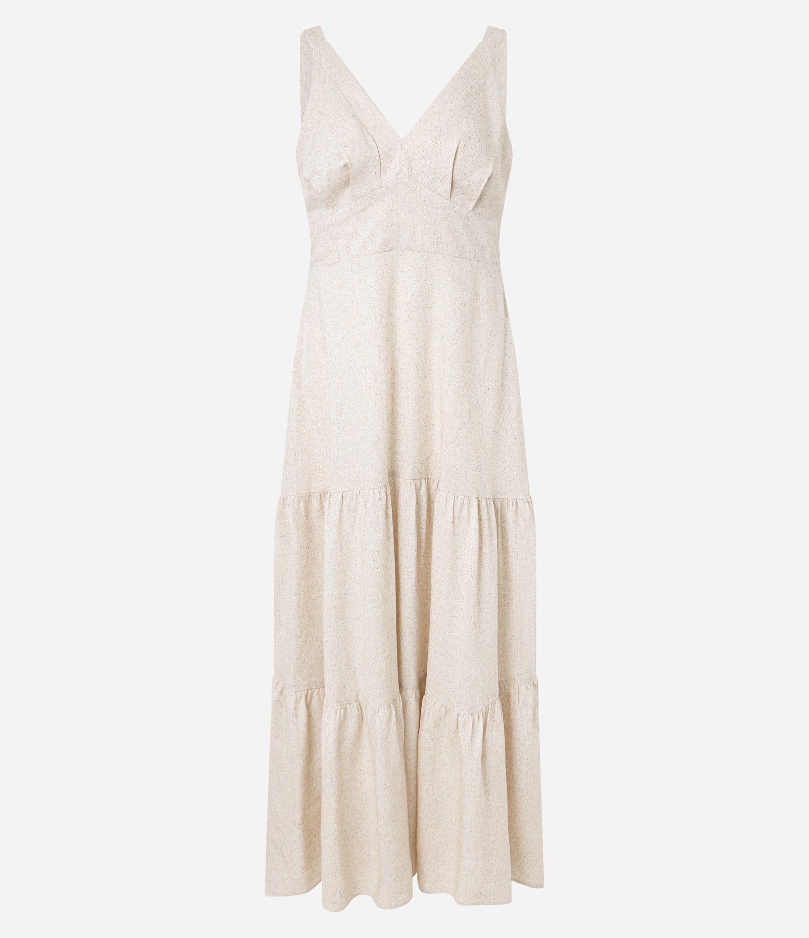 Vestido Evasê Midi em Viscolinho com Recortes Franzidos Bege 1