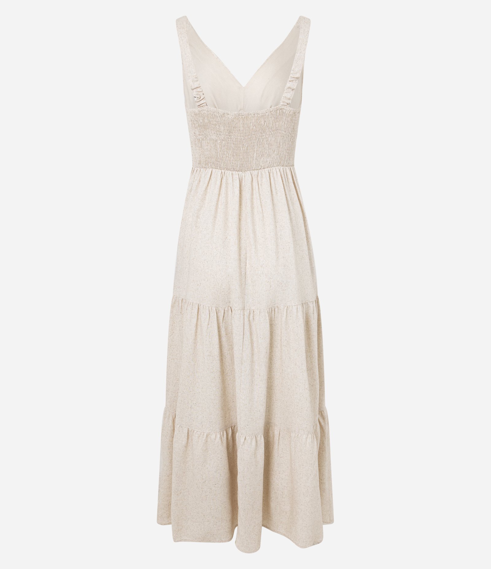 Vestido Evasê Midi em Viscolinho com Recortes Franzidos Bege 3