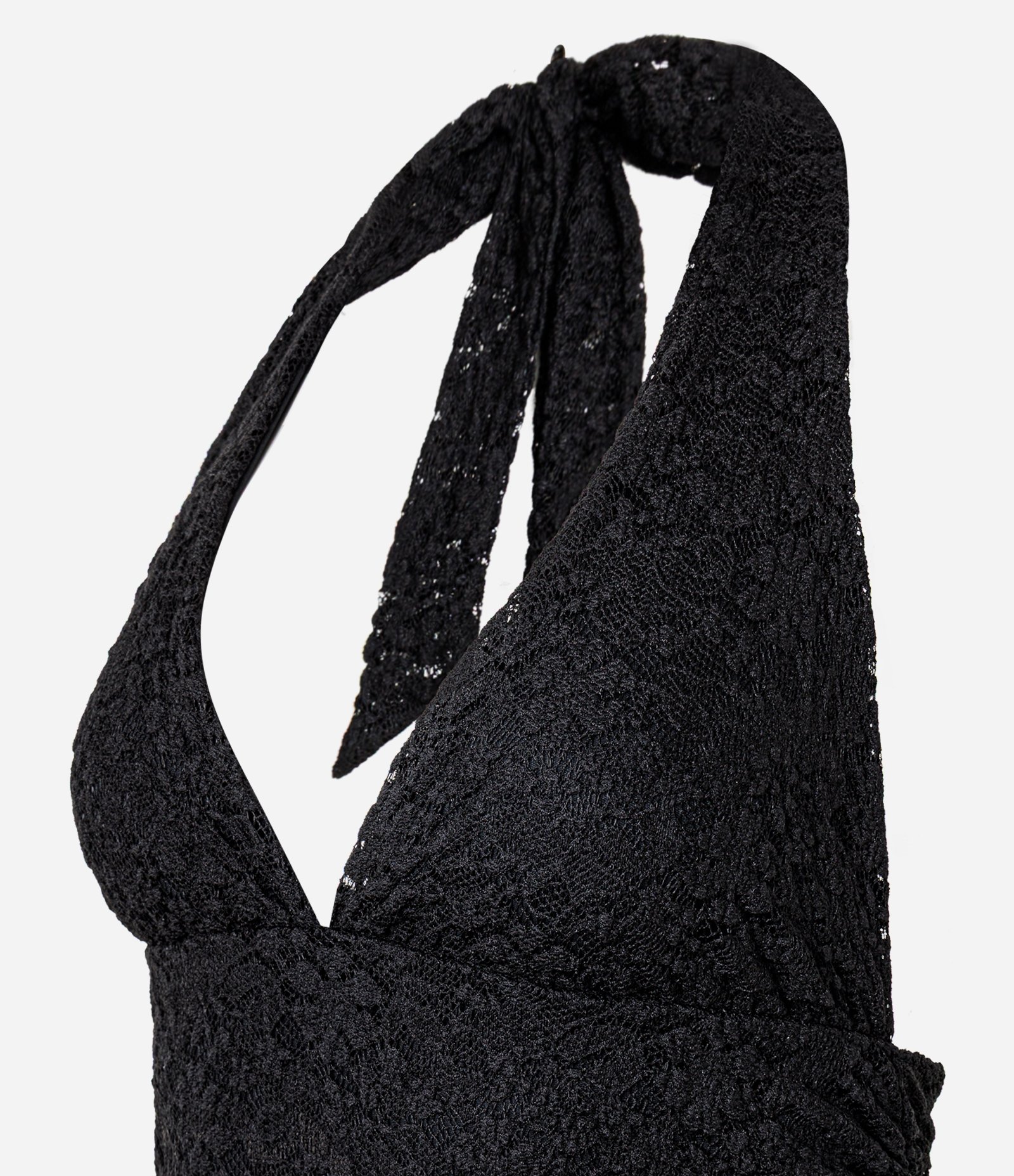 Vestido Frente Única em Renda Texturizada com Alças Longas Preto 5