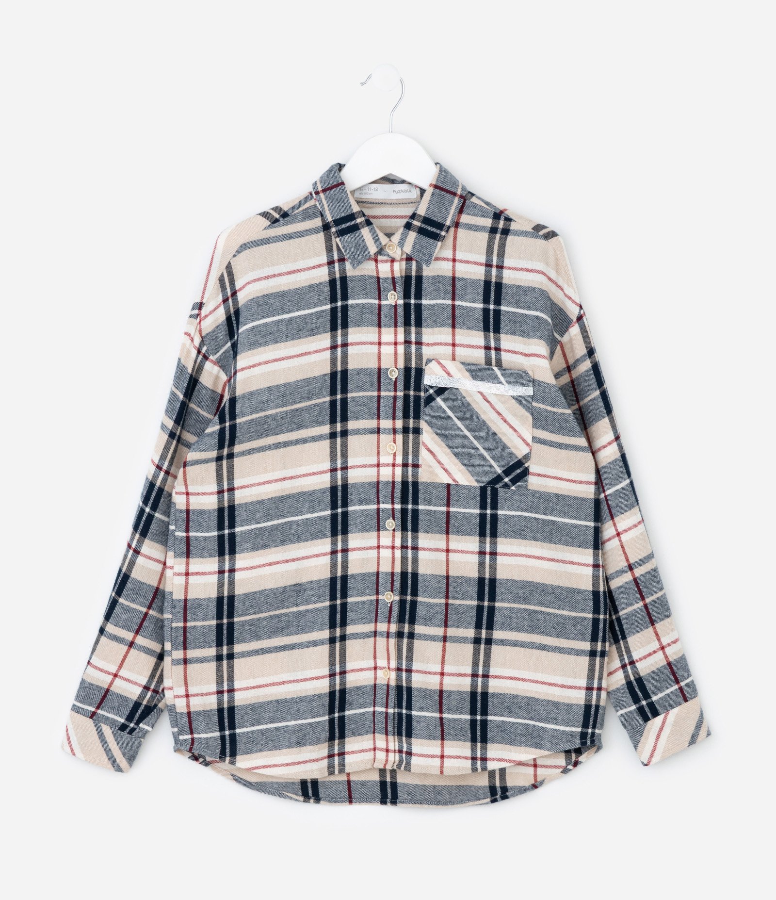 Camisa Infantil Xadrez Flanela com Renda – Tam 5 a 14 Anos Bege/Azul 1