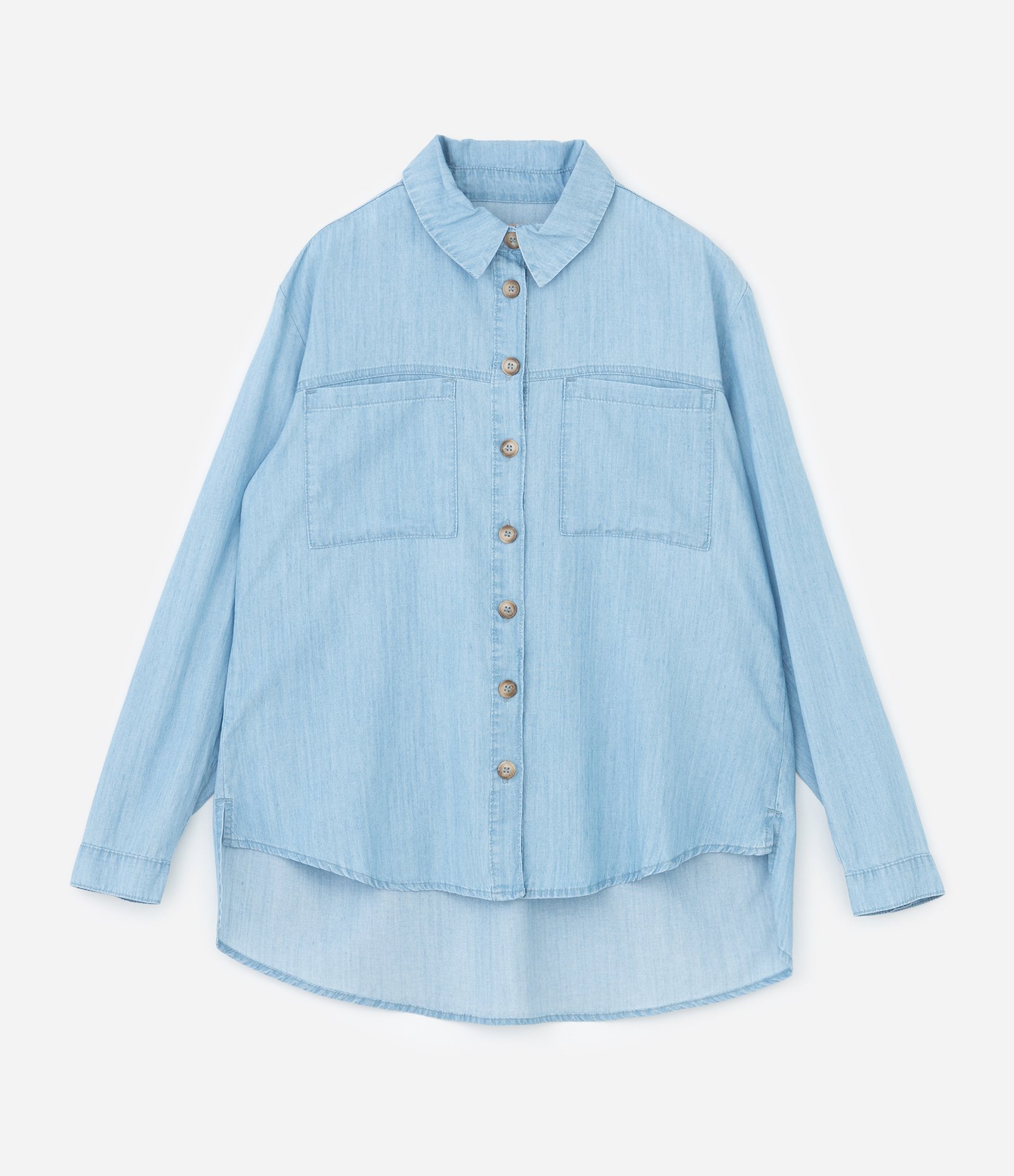 Camisa em Jeans com Bolsos Frontais Curve & Plus Size Azul 1