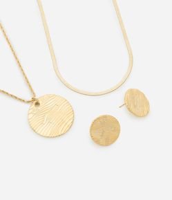 Conjunto de Colar Camadas Com Pingente Chapa e Brinco Botão Texturizado