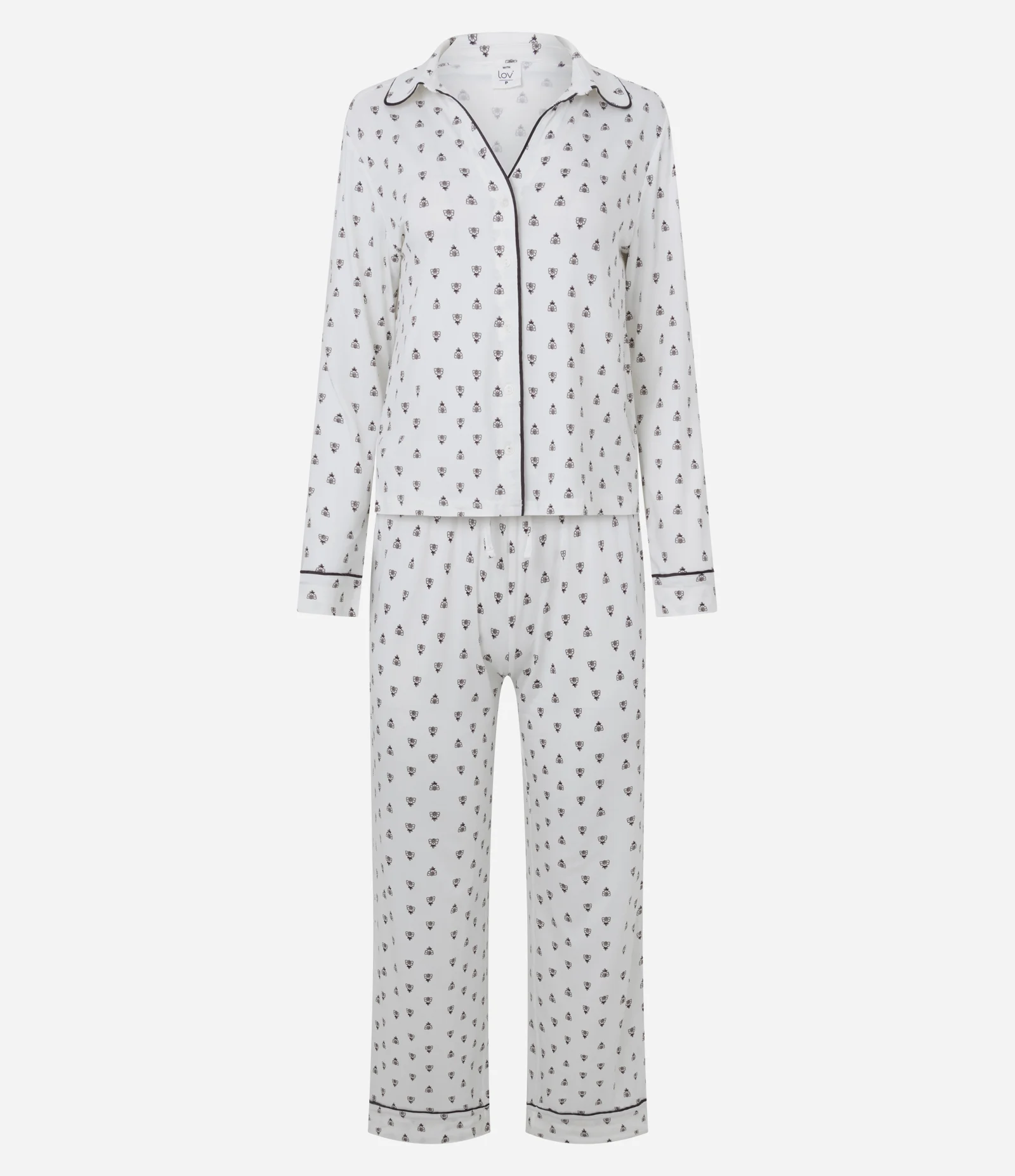 Pijama Feminino Longo Americano Toque Suave Gravataria Branco 1