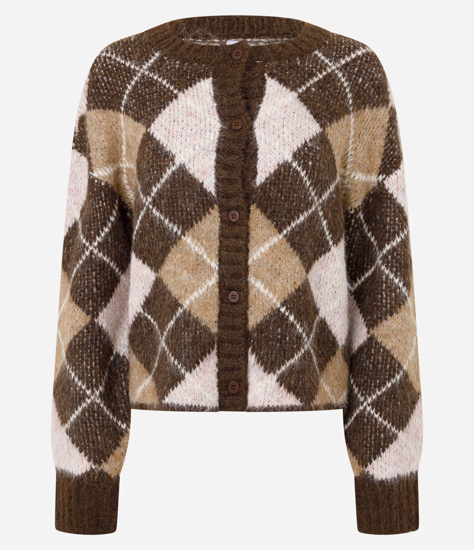 Cardigan em Tricô Xadrez Argyle e Botões Marrom 1