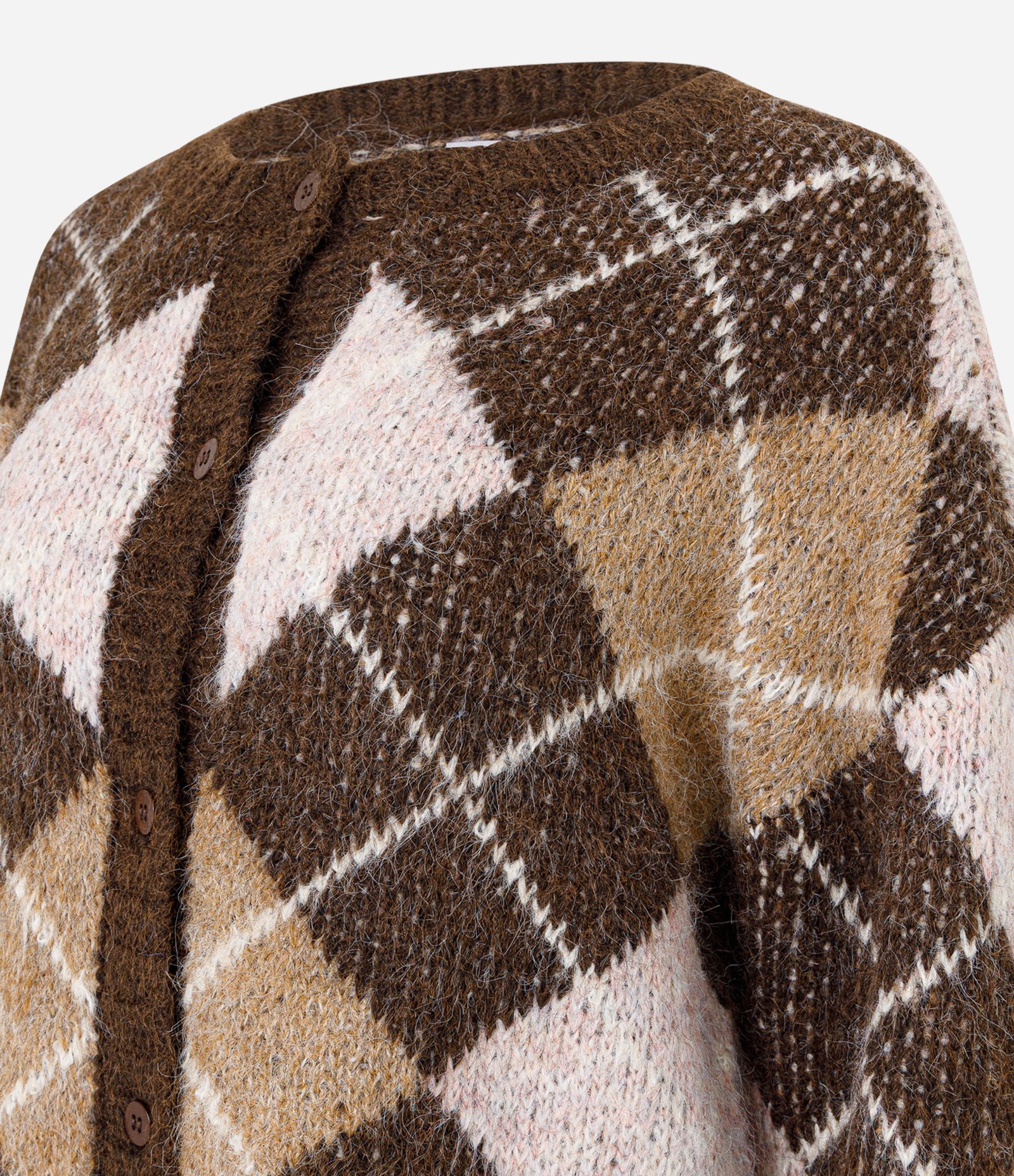 Cardigan em Tricô Xadrez Argyle e Botões Marrom 2
