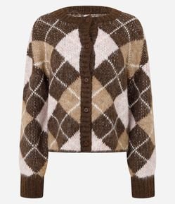 Cardigan em Tricô Xadrez Argyle e Botões