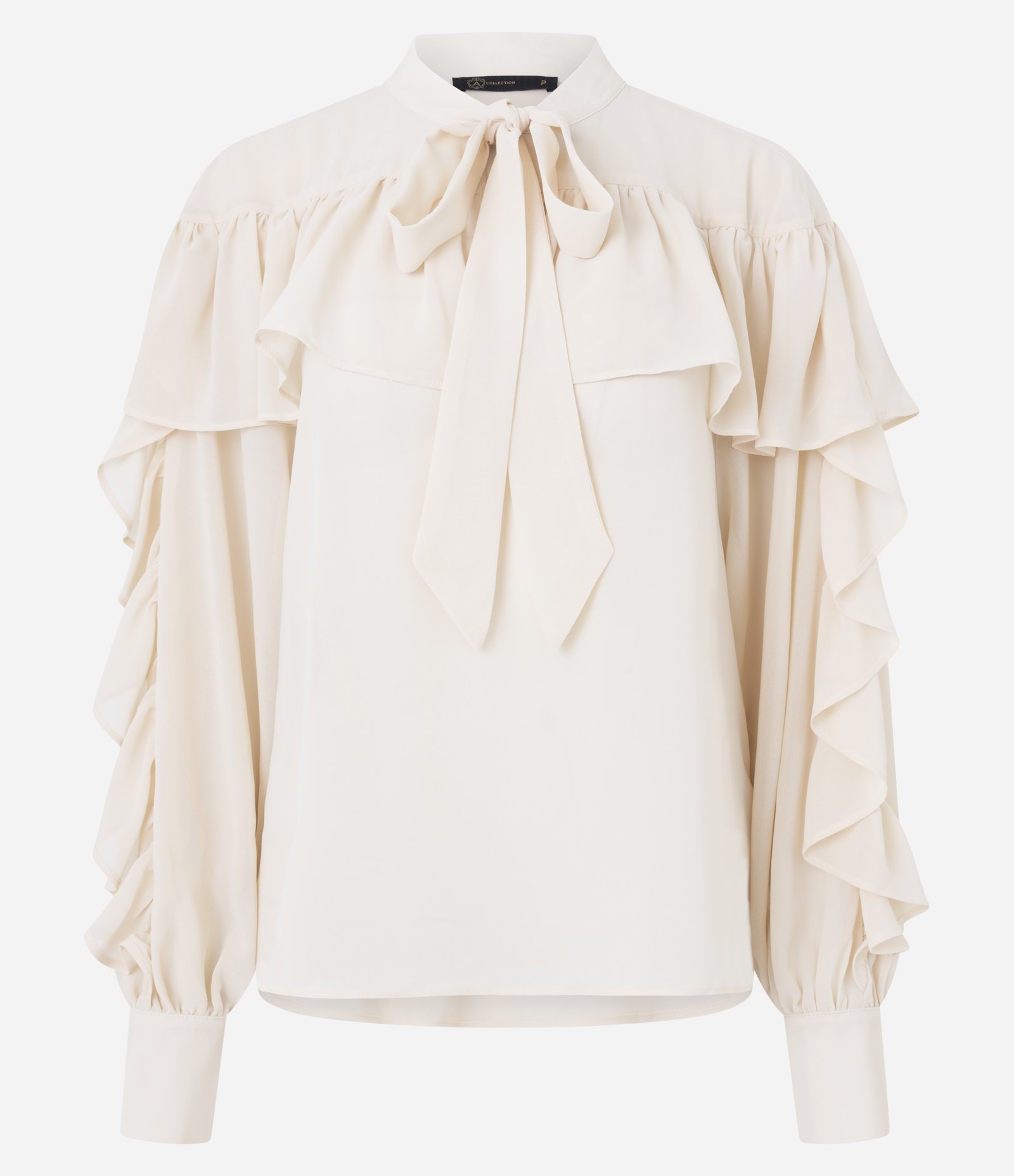 Blusa em Chiffon com Babados e Amarração Frontal Bege 1