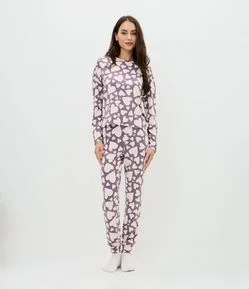 Pijama Longo em Peach Touch com Estampa de Coração